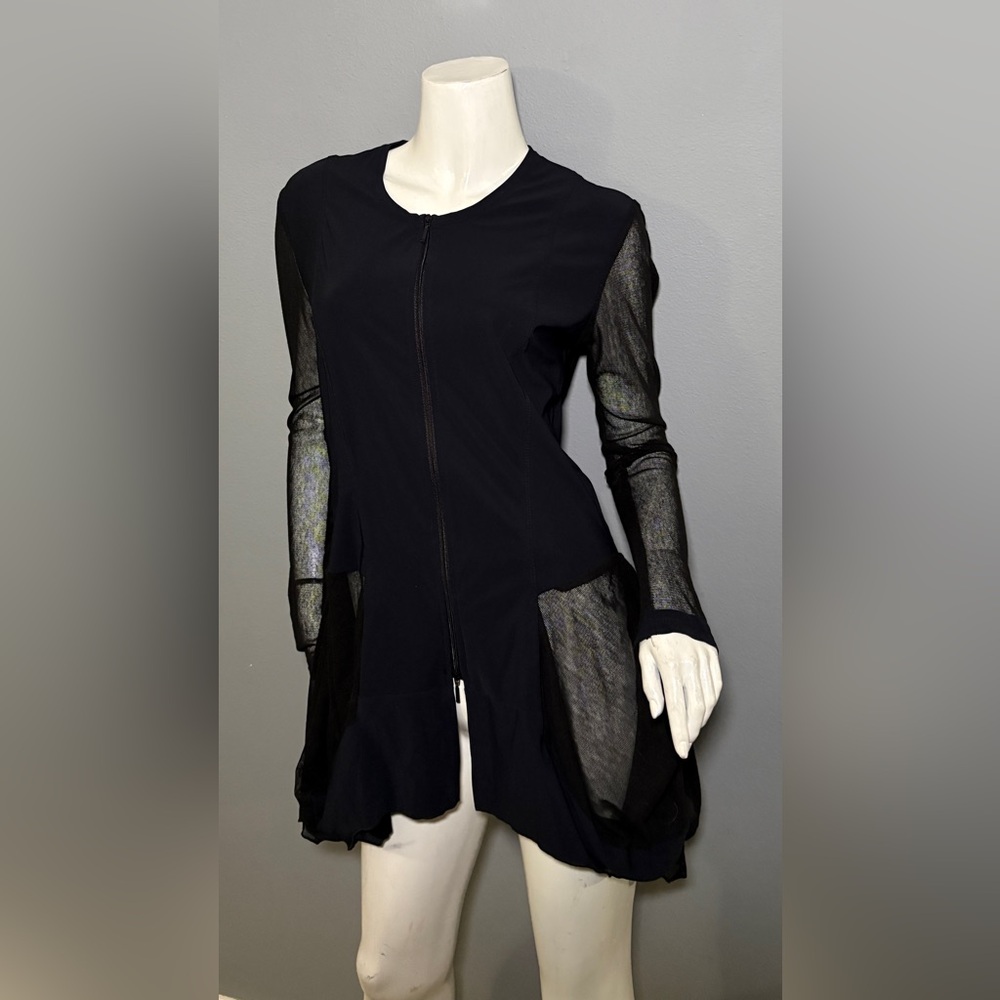 Sheer Sleeve Mini Dress with Front Zip - Black - Picture 5 of 14